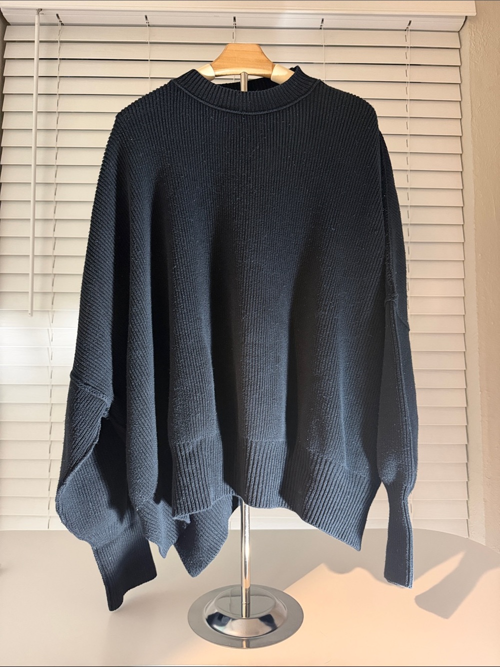 Free People Black Oversized Ribbed Crewneck Sweater